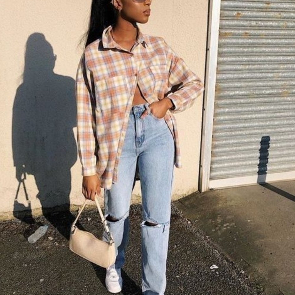 Tan Gray Plaid Flannel Shirt